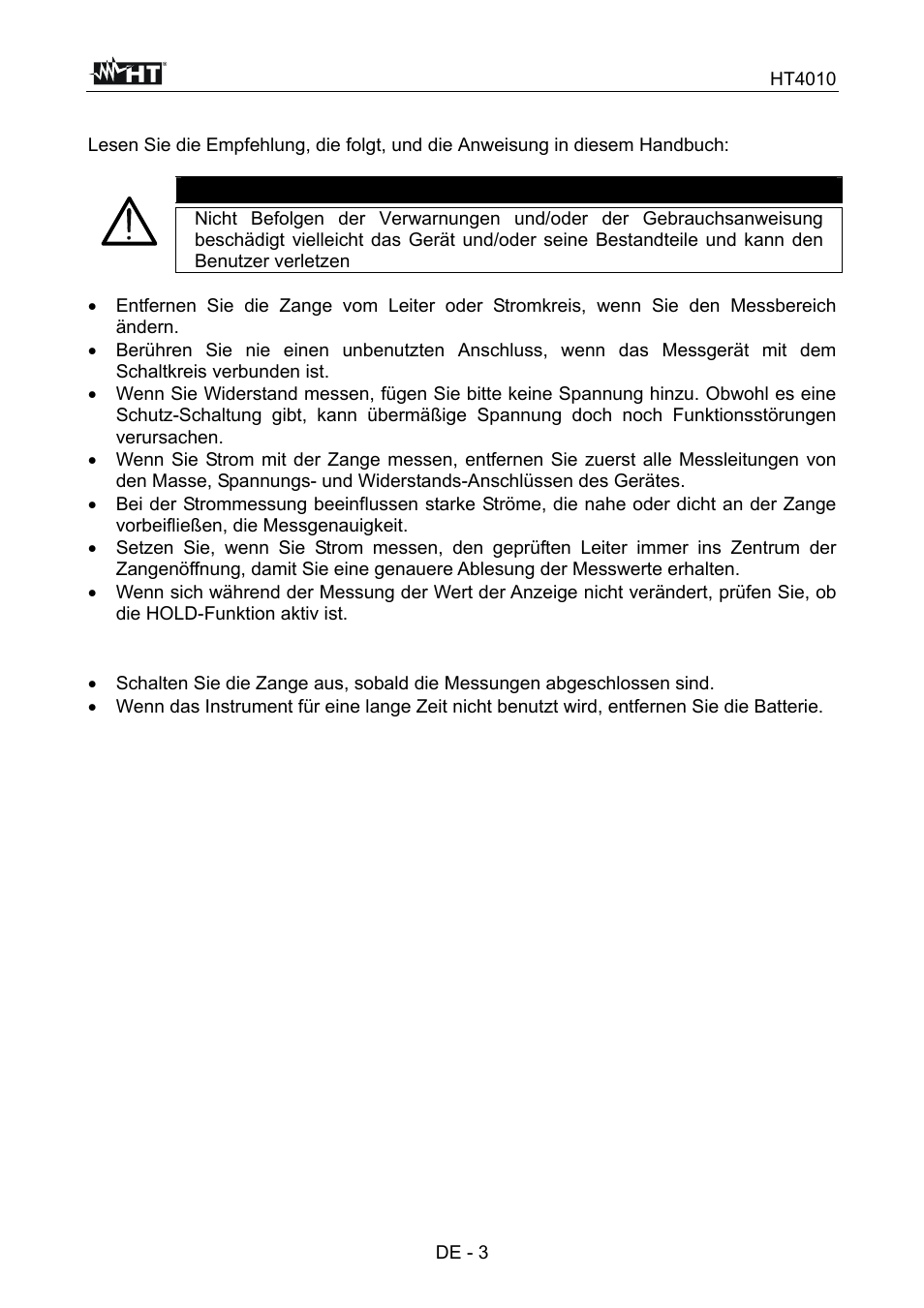 Warnung | HT instruments HT4010 User Manual | Page 60 / 76