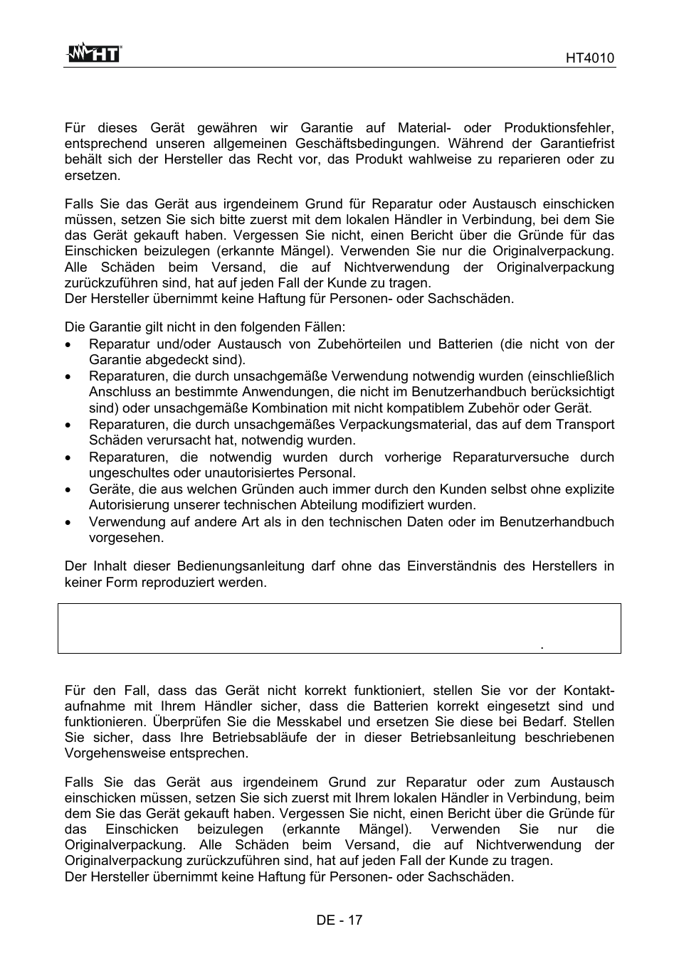 Garantie | HT instruments HT4010 User Manual | Page 74 / 76