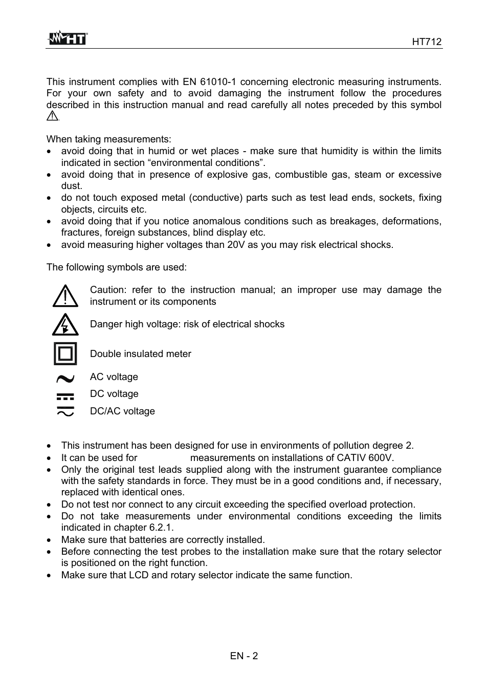 Safety precautions and procedures | HT instruments HT712 User Manual | Page 3 / 17