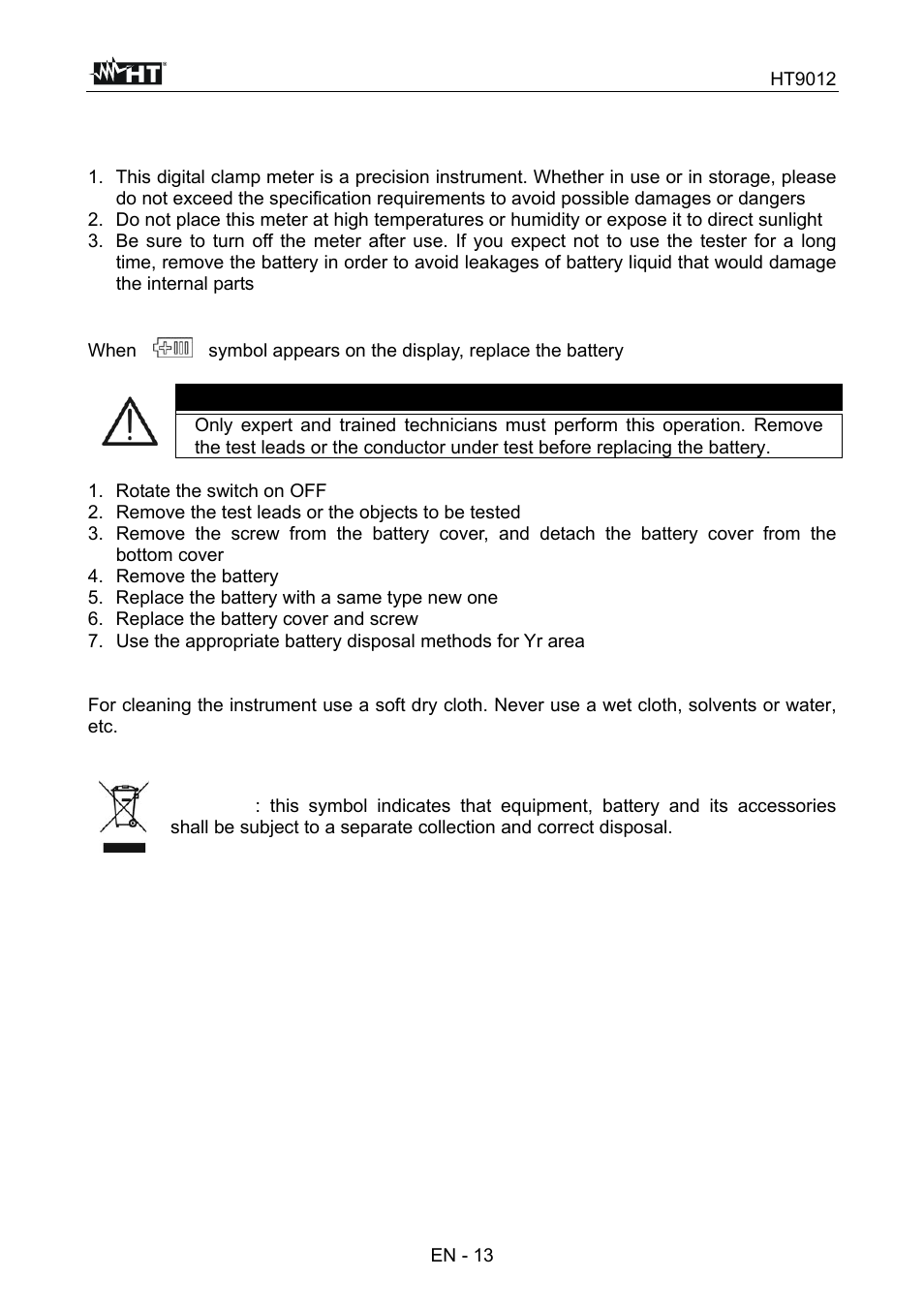5 maintenance, Caution | HT instruments HT9012 User Manual | Page 14 / 17