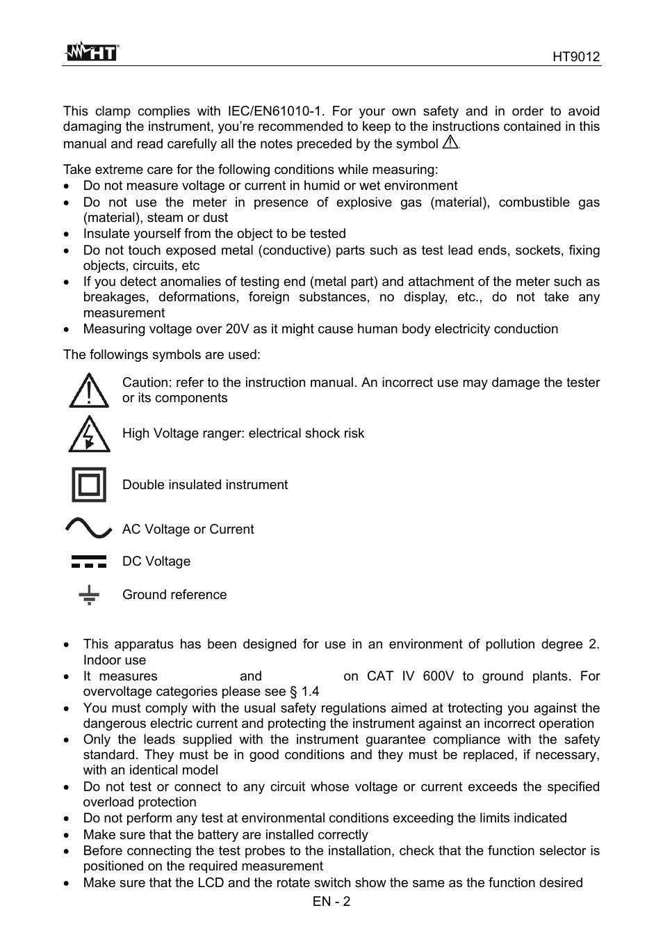 1 safety precautions and procedures | HT instruments HT9012 User Manual | Page 3 / 17