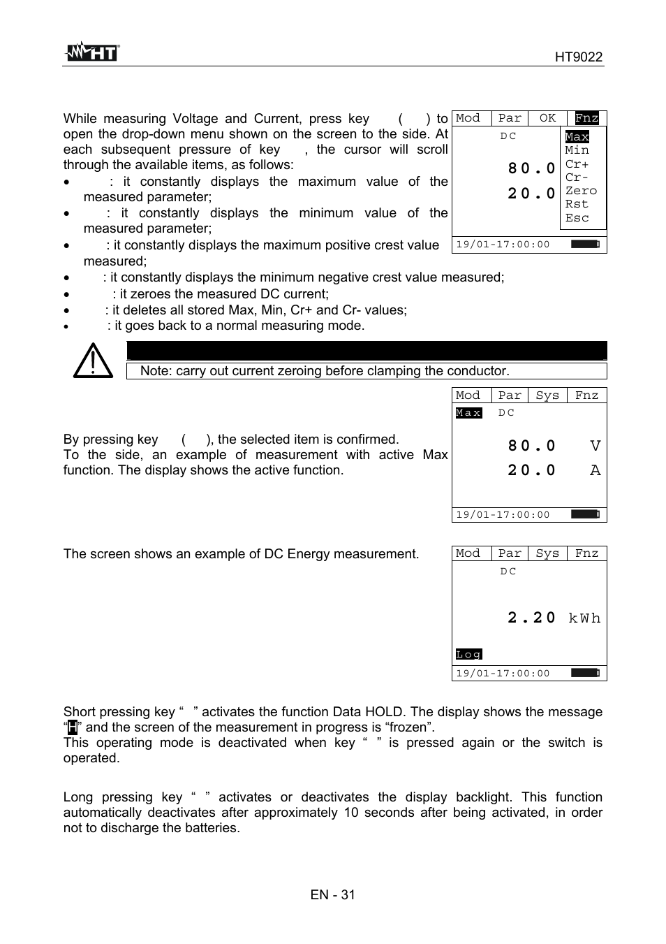 8 0 . 0 v, 2 0 . 0 a, Warning | K w h | HT instruments HT9022 User Manual | Page 33 / 56