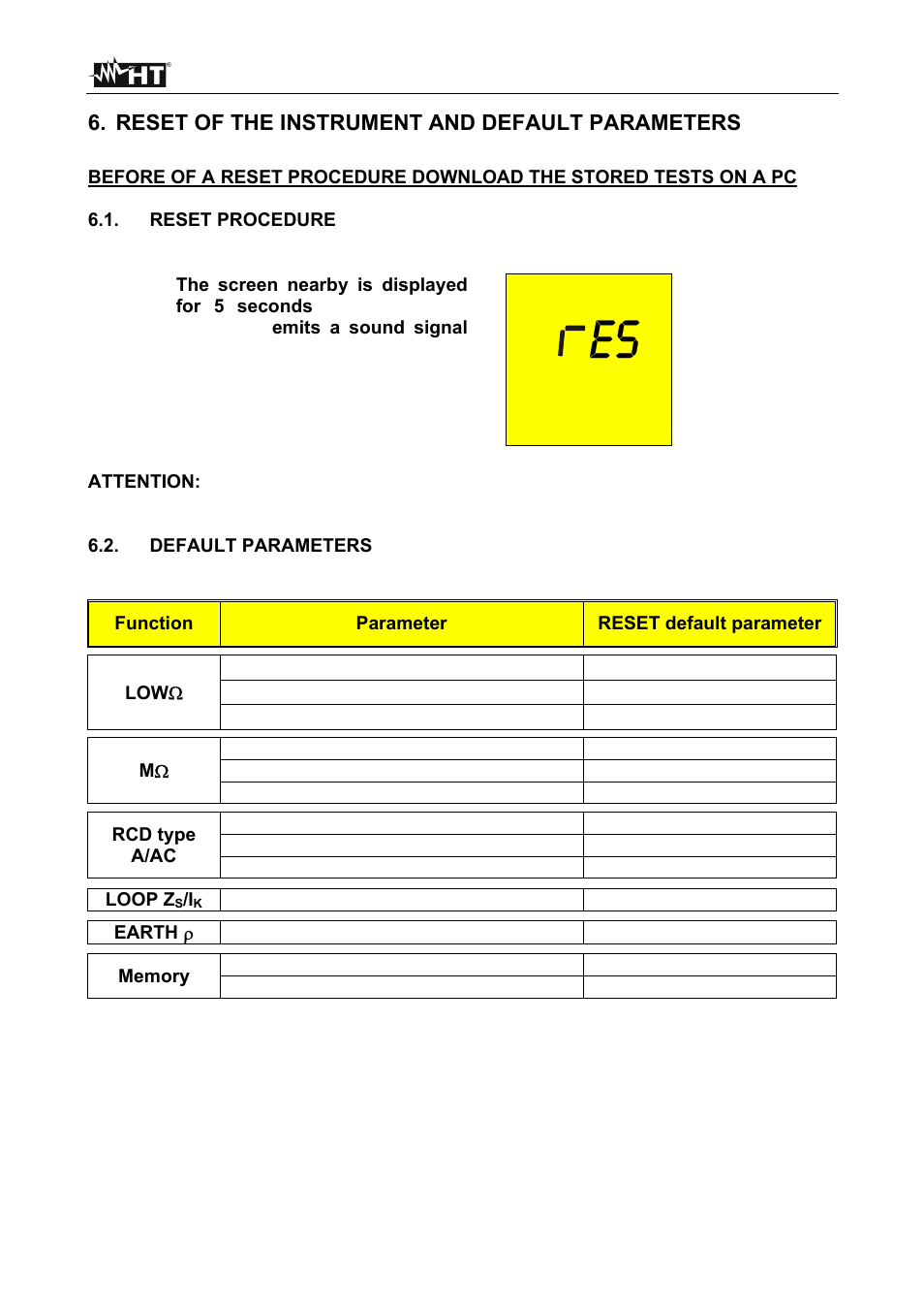 Reset of the instrument and default parameters | HT instruments MACROTEST 5035 User Manual | Page 59 / 80