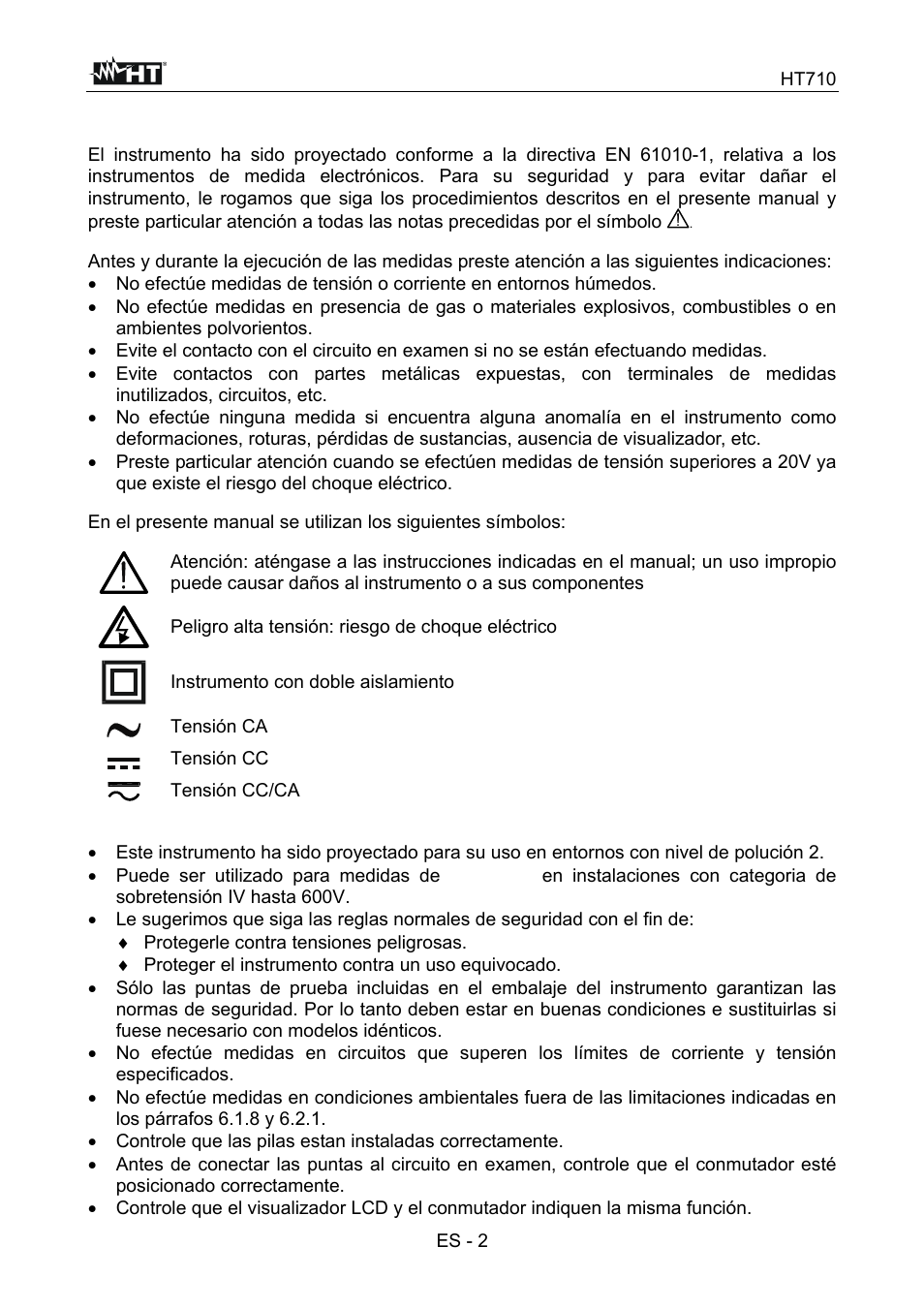 Precauciones y medidas de seguridad | HT instruments HT710 User Manual | Page 41 / 72
