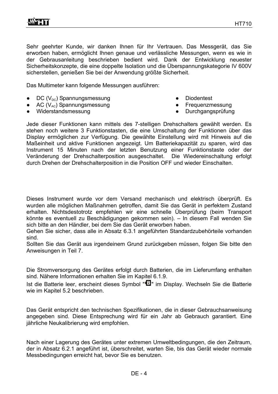 Allgemeine beschreibung, Vorbereitungen für den gebrauch | HT instruments HT710 User Manual | Page 60 / 72