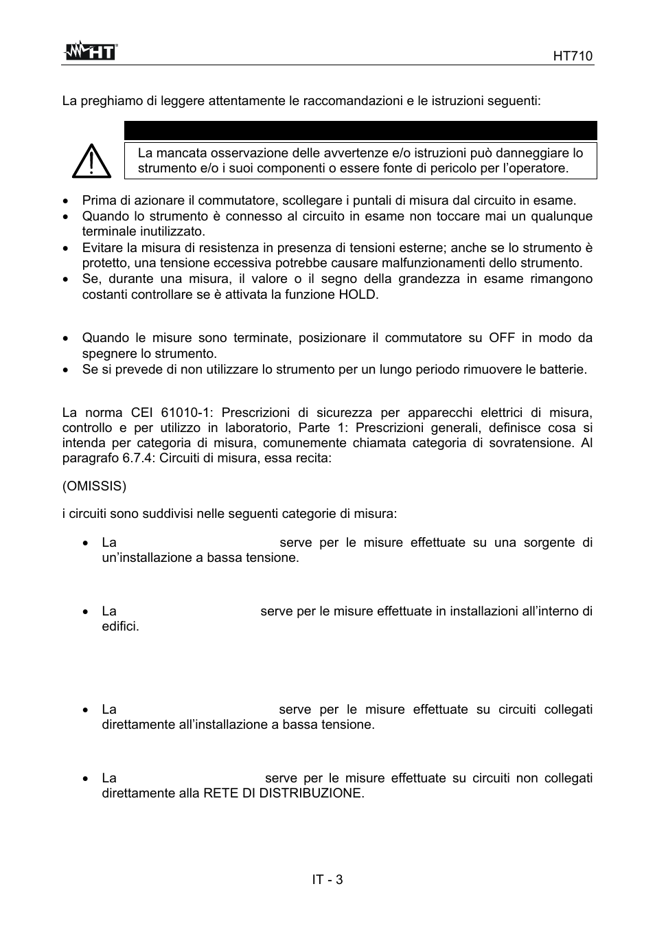 Attenzione | HT instruments HT710 User Manual | Page 8 / 72