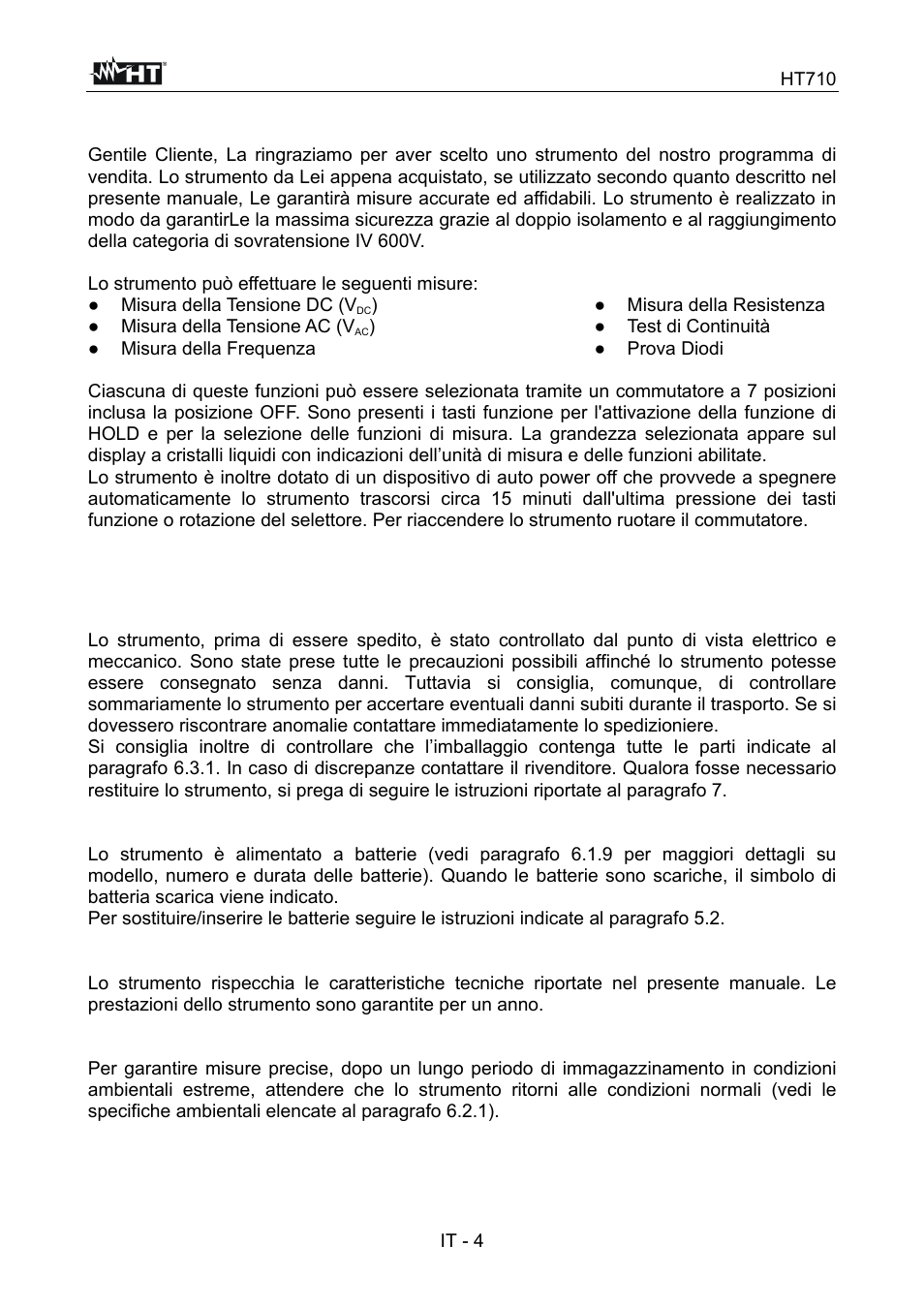 Descrizione generale, Preparazione all’utilizzo | HT instruments HT710 User Manual | Page 9 / 72