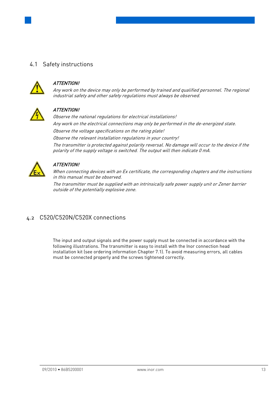 4 electrical connections, 1 safety instructions, 2 c520/c520n/c520x connections | Electrical connections, 1 safety instructions 4.2, C520/c520n/c520, X connections | INOR IPAQ R520X User Manual | Page 13 / 52