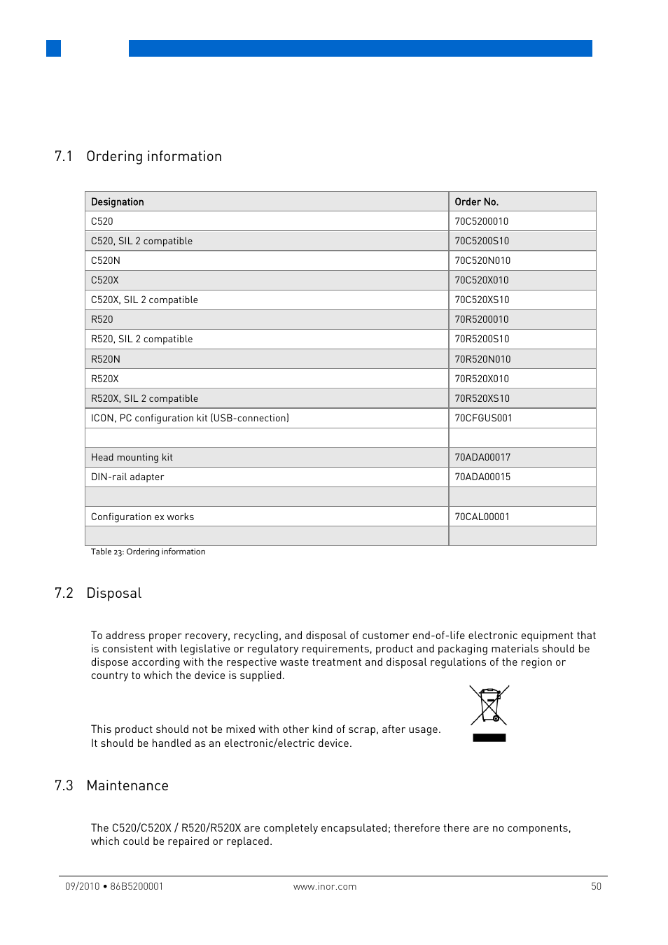 7 service, 1 ordering information, 2 disposal | 3 maintenance, Service | INOR IPAQ R520X User Manual | Page 50 / 52
