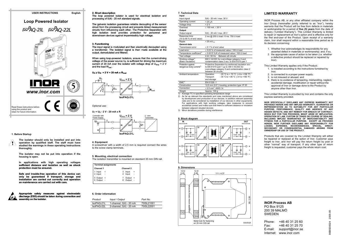 INOR ISOPAQ-22L GB User Manual | 1 page
