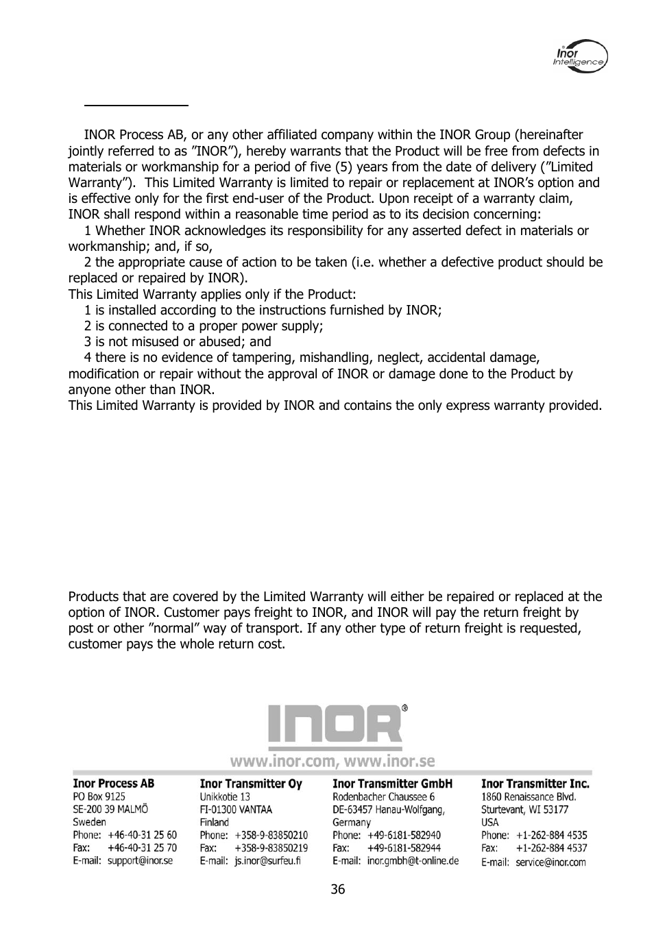 8 warranty | INOR PROFIPAQ-L User Manual | Page 36 / 36