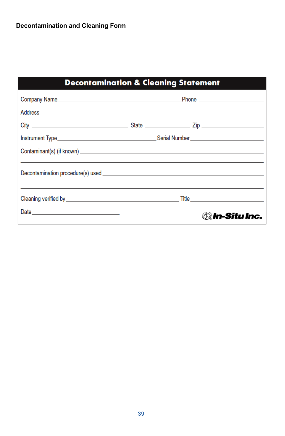 Decontamination and cleaning form | In-Situ Aquaculture Buoy Manual (purchased after 28 May 2013) User Manual | Page 39 / 40