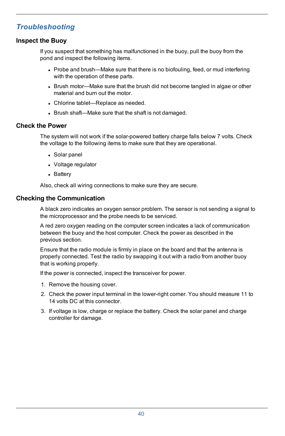 10 troubleshooting, Inspect the buoy, Check the power | Checking the communication, Troubleshooting | In-Situ Aquaculture Buoy Manual (purchased after 28 May 2013) User Manual | Page 40 / 40