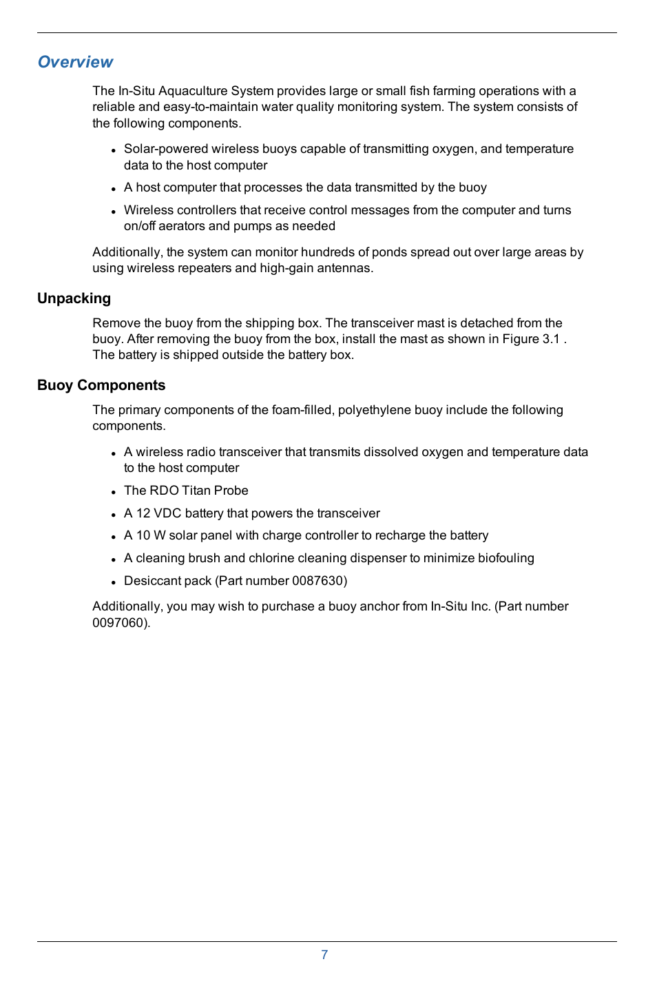 3 overview, Unpacking, Buoy components | Overview | In-Situ Aquaculture Buoy Manual (purchased after 28 May 2013) User Manual | Page 7 / 40