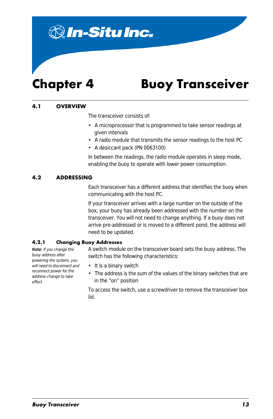 Chapter 4 buoy transceiver, 1 overview, 2 addressing | 1 changing buoy addresses, Chapter 4, Buoy, 1 overview 4.2 addressing | In-Situ Aquaculture Buoy Manual (purchased before 28 May 2013) User Manual | Page 13 / 34