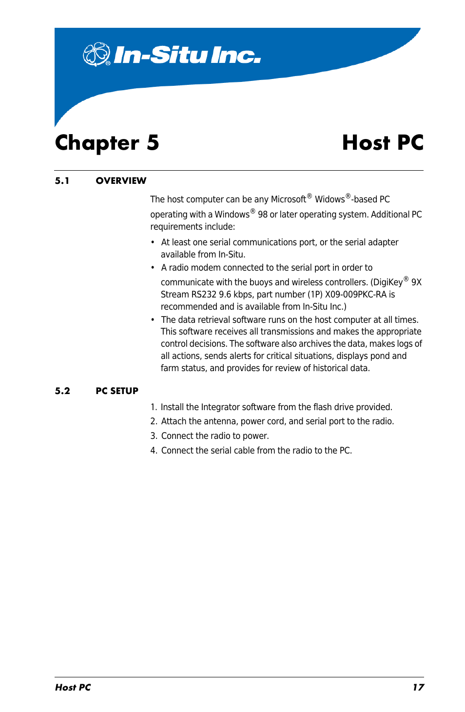 Chapter 5 host pc, 1 overview, 2 pc setup | Chapter 5, Host, 1 overview 5.2 pc setup | In-Situ Aquaculture Buoy Manual (purchased before 28 May 2013) User Manual | Page 17 / 34