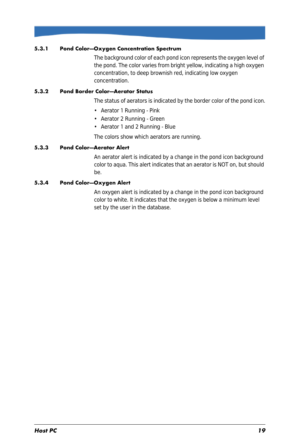 1 pond color—oxygen concentration spectrum, 2 pond border color—aerator status, 3 pond color—aerator alert | 4 pond color—oxygen alert | In-Situ Aquaculture Buoy Manual (purchased before 28 May 2013) User Manual | Page 19 / 34