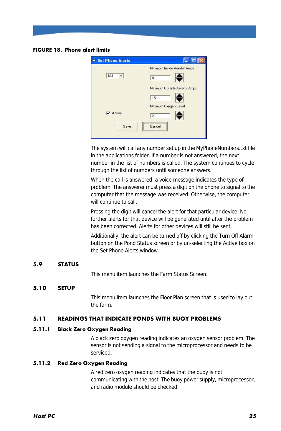 9 status, 10 setup, 11 readings that indicate ponds with buoy problems | 1 black zero oxygen reading, 2 red zero oxygen reading | In-Situ Aquaculture Buoy Manual (purchased before 28 May 2013) User Manual | Page 25 / 34