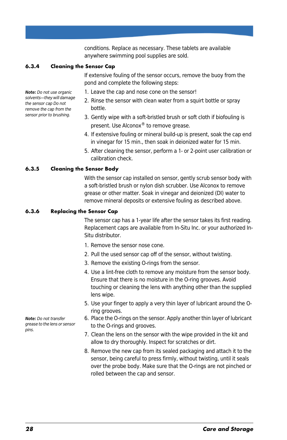 4 cleaning the sensor cap, 5 cleaning the sensor body, 6 replacing the sensor cap | In-Situ Aquaculture Buoy Manual (purchased before 28 May 2013) User Manual | Page 28 / 34