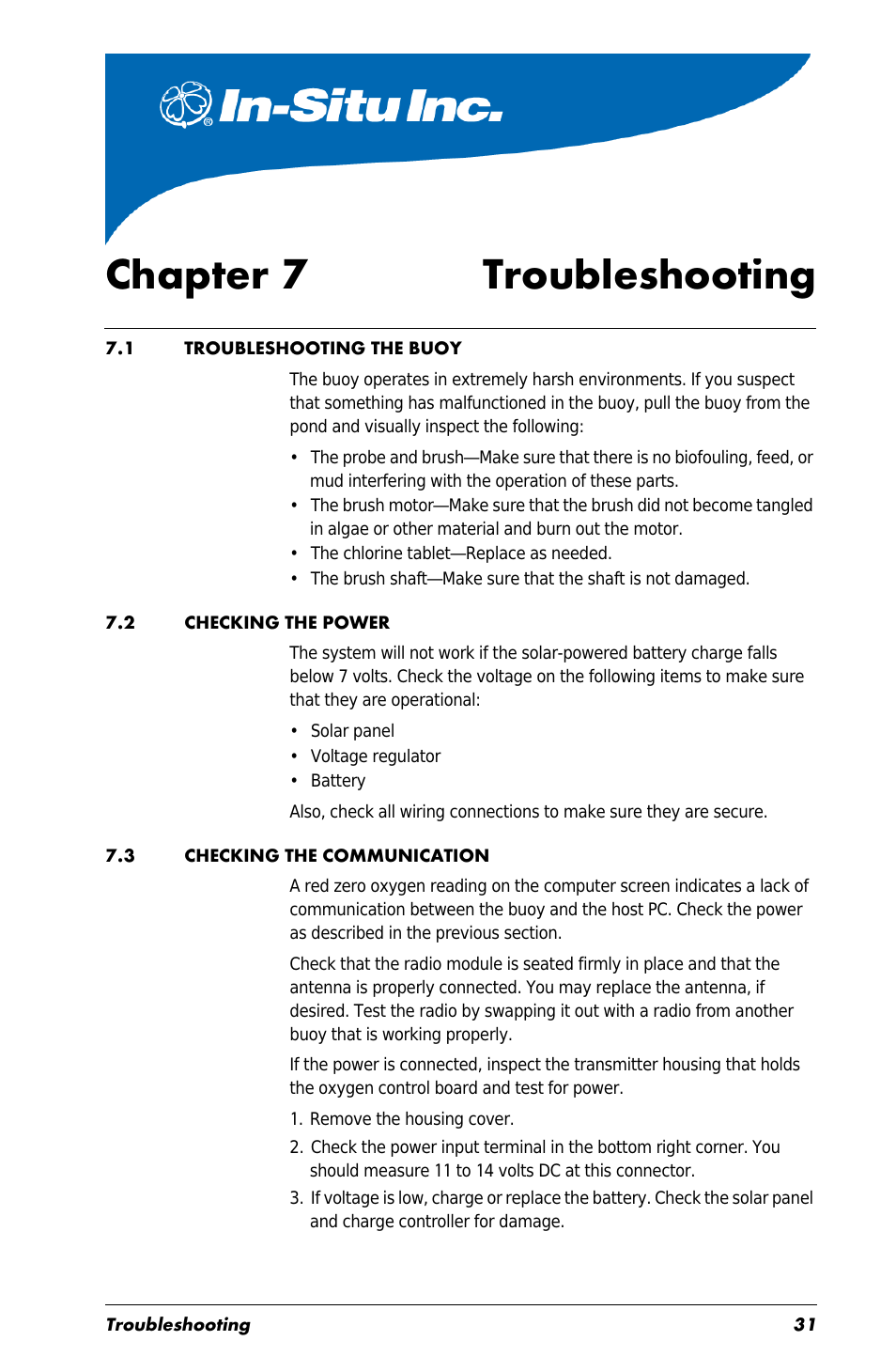 Chapter 7 troubleshooting, 1 troubleshooting the buoy, 2 checking the power | 3 checking the communication, Chapter 7 | In-Situ Aquaculture Buoy Manual (purchased before 28 May 2013) User Manual | Page 31 / 34