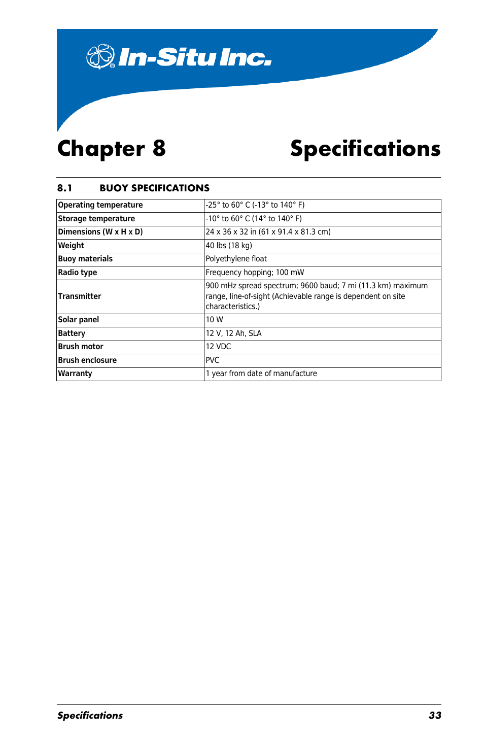 Chapter 8 specifications, 1 buoy specifications, Chapter 8 | Specifications | In-Situ Aquaculture Buoy Manual (purchased before 28 May 2013) User Manual | Page 33 / 34
