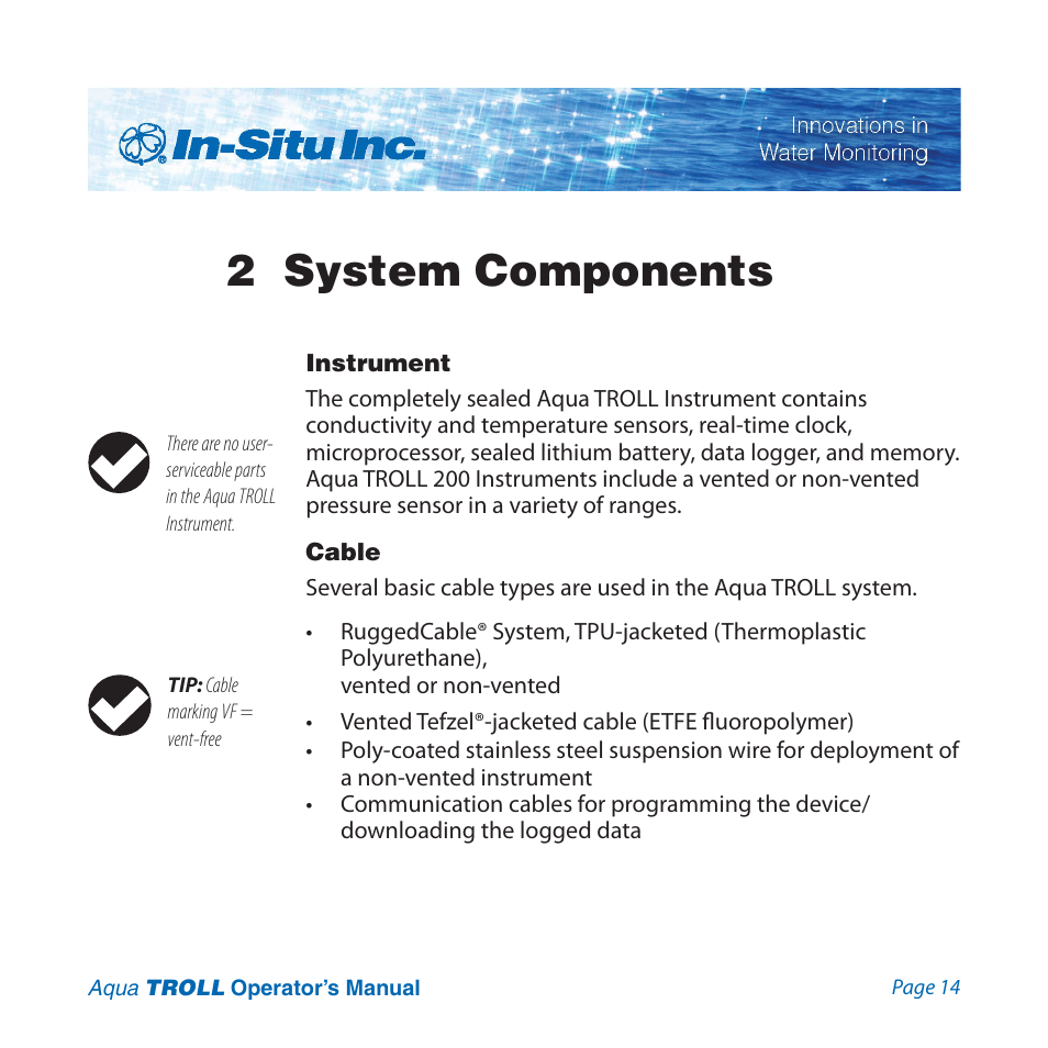 2 system components, Instrument, Cable | In-Situ Aqua TROLL 100 and 200 Operators Manual User Manual | Page 14 / 94