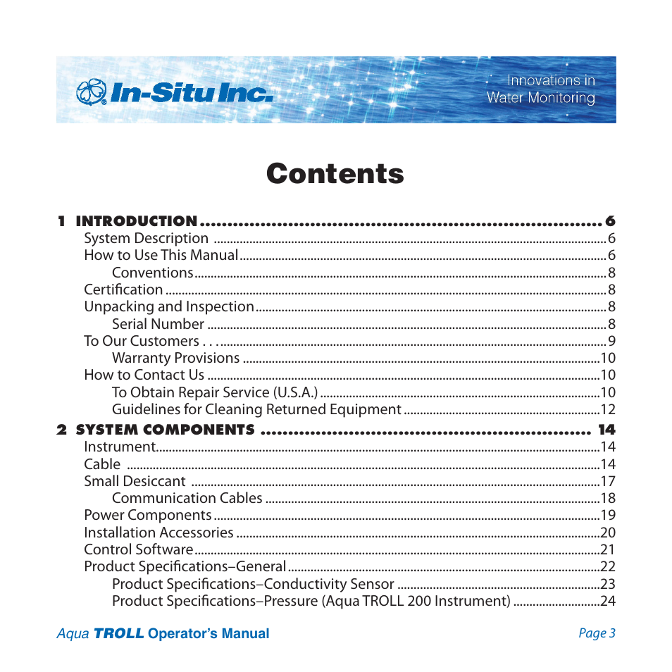 In-Situ Aqua TROLL 100 and 200 Operators Manual User Manual | Page 3 / 94