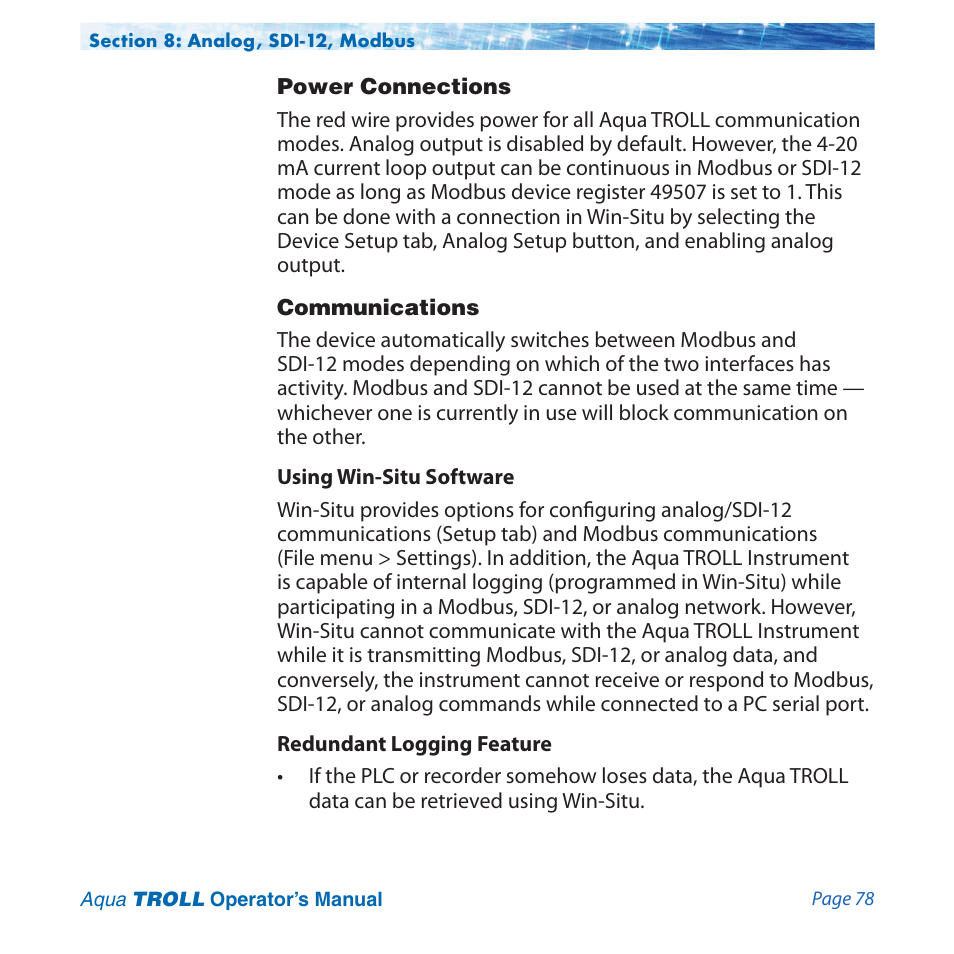 Power connections, Communications | In-Situ Aqua TROLL 100 and 200 Operators Manual User Manual | Page 78 / 94