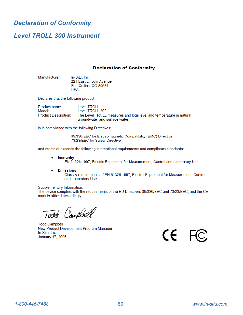 13 declaration of conformity | In-Situ Level TROLL 300/500/700/BaroTROLL Operators Manual User Manual | Page 80 / 84