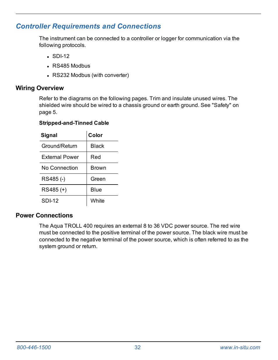 9 controller requirements and connections, Wiring overview, Stripped-and-tinned cable | Power connections, Controller requirements and connections | In-Situ Aqua TROLL 400 Operators Manual User Manual | Page 32 / 41