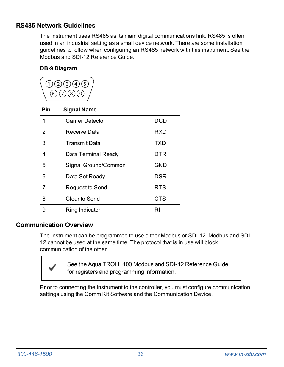 Rs485 network guidelines, Db-9 diagram, Communication overview | In-Situ Aqua TROLL 400 Operators Manual User Manual | Page 36 / 41