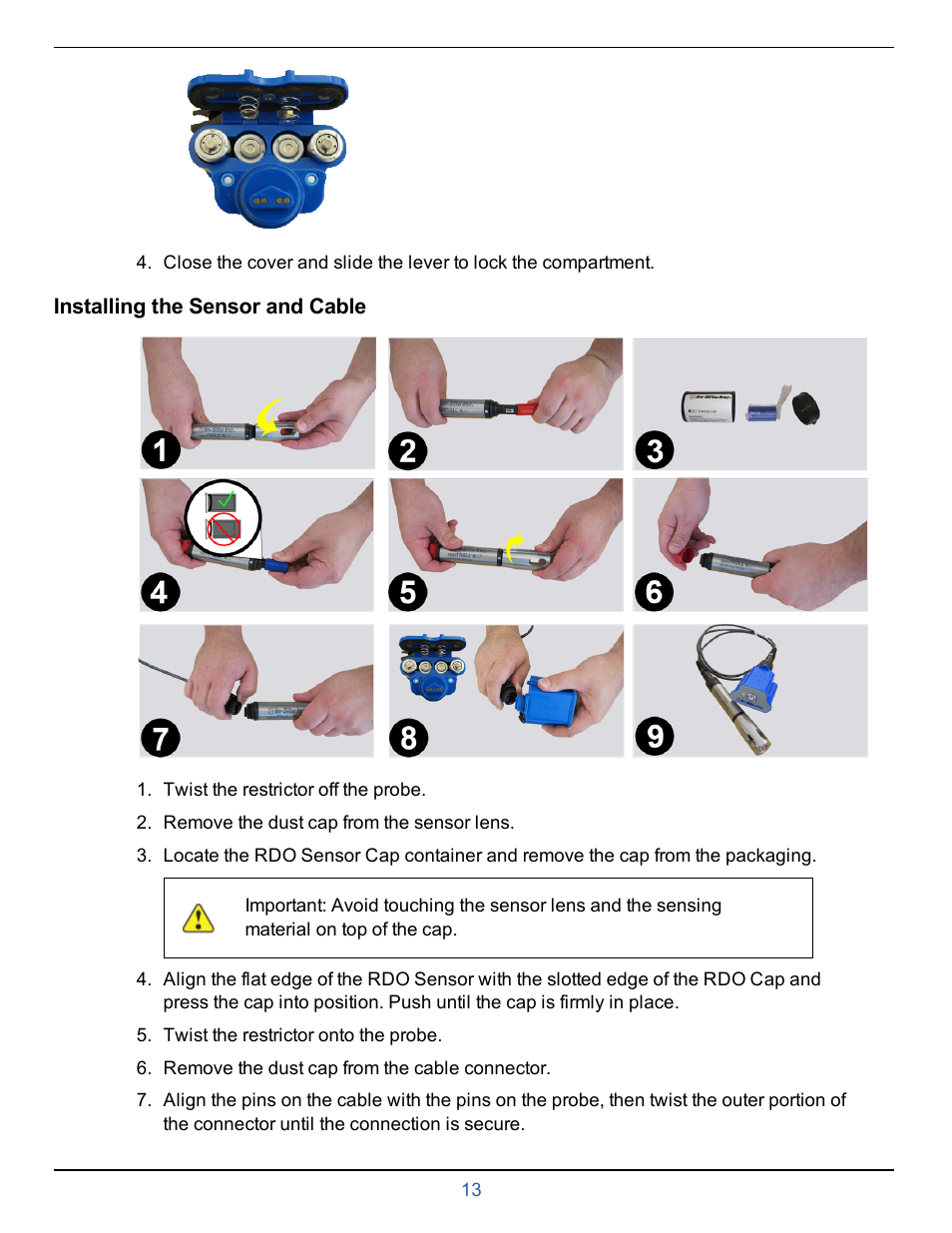 Installing the sensor and cable | In-Situ smarTROLL RDO Handheld Operators Manual User Manual | Page 13 / 38