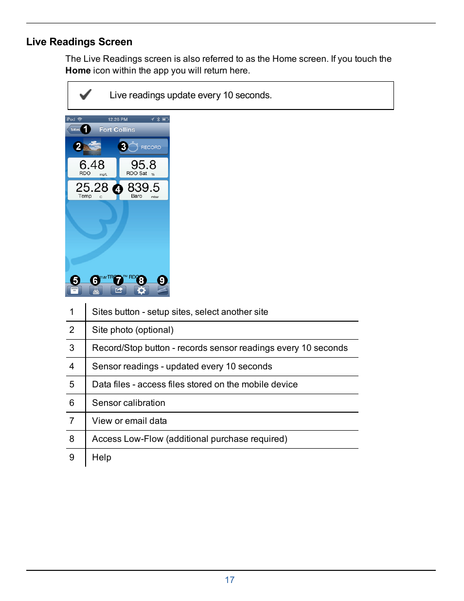 Live readings screen, View live readings that update every 10 seconds | In-Situ smarTROLL RDO Handheld Operators Manual User Manual | Page 17 / 38