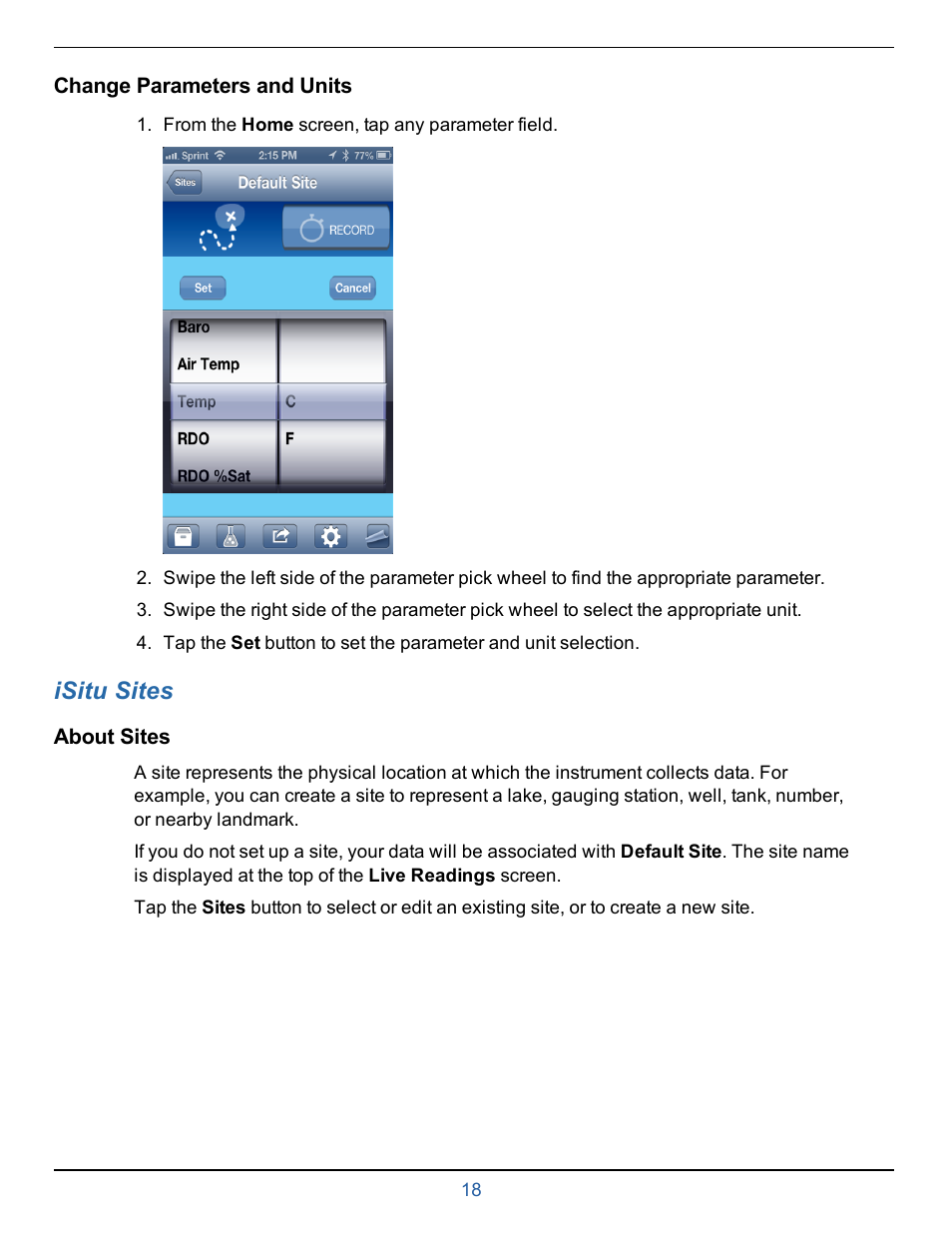 Change parameters and units, 10 isitu sites, About sites | Chapter 7—isitu sites, Organize data by site location, Isitu sites | In-Situ smarTROLL RDO Handheld Operators Manual User Manual | Page 18 / 38