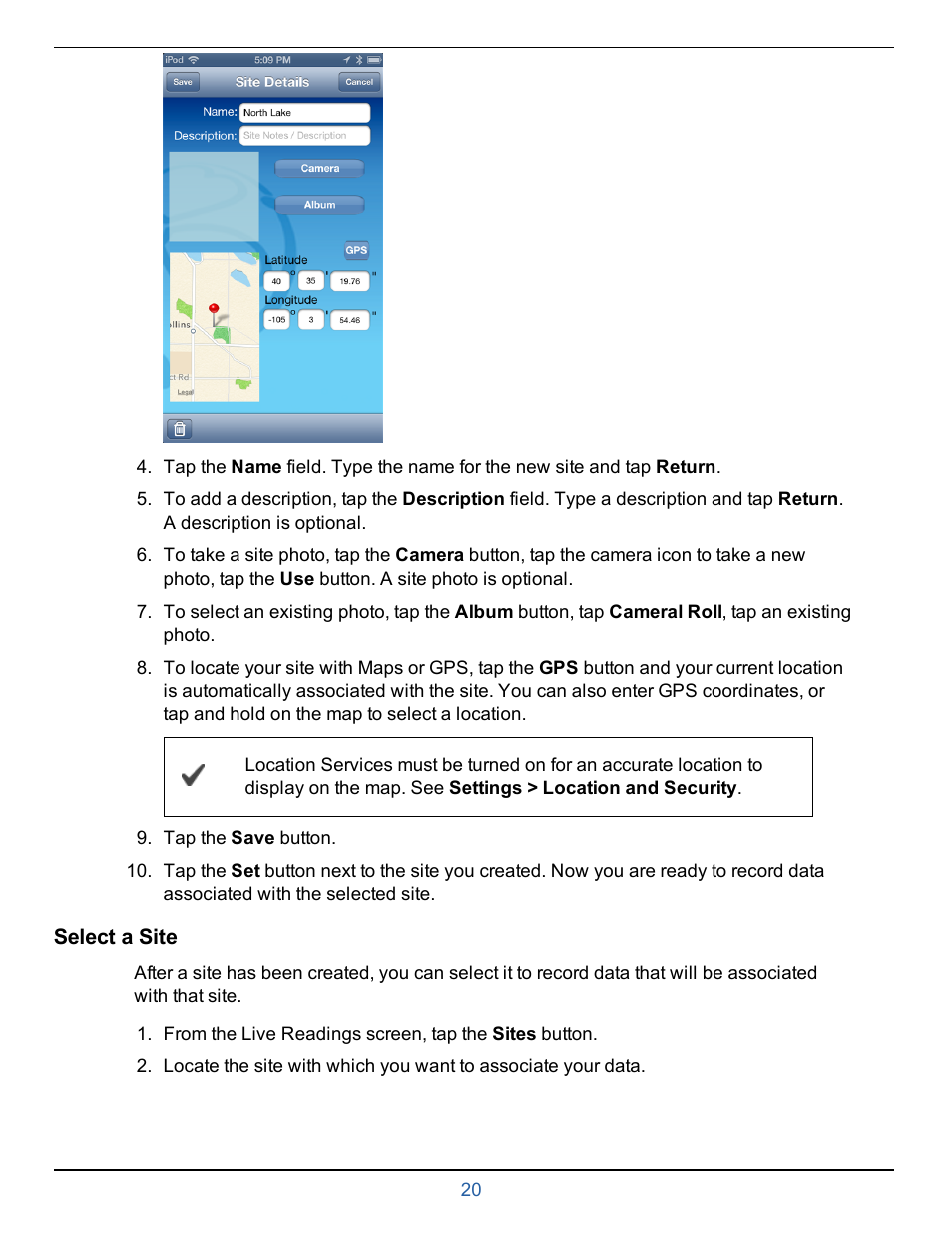 Select a site | In-Situ smarTROLL RDO Handheld Operators Manual User Manual | Page 20 / 38