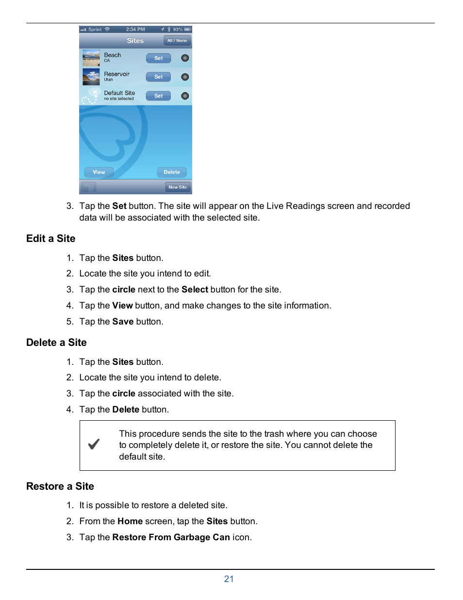Edit a site, Delete a site, Restore a site | In-Situ smarTROLL RDO Handheld Operators Manual User Manual | Page 21 / 38