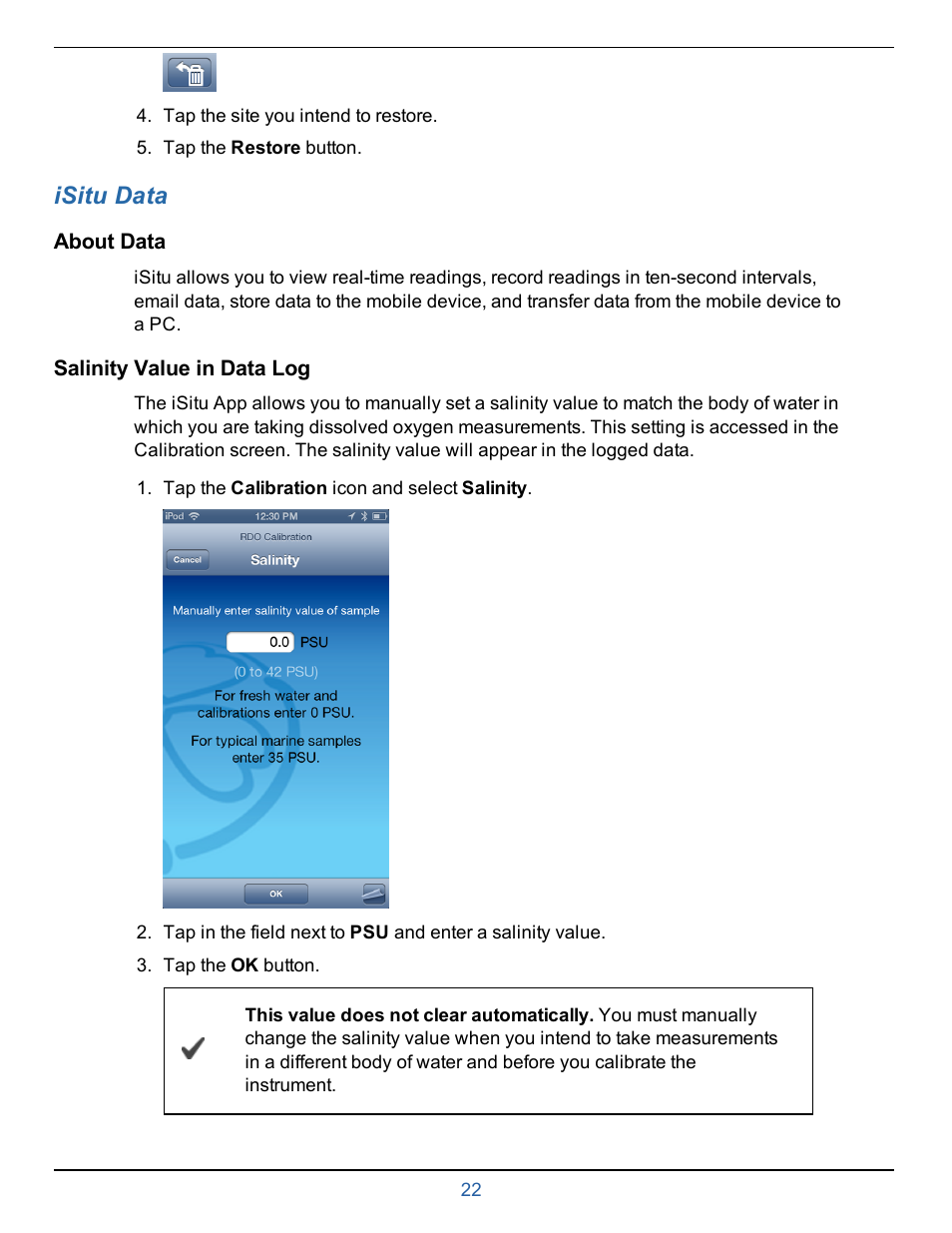 11 isitu data, About data, Salinity value in data log | Chapter 8—isitu data, Isitu data | In-Situ smarTROLL RDO Handheld Operators Manual User Manual | Page 22 / 38
