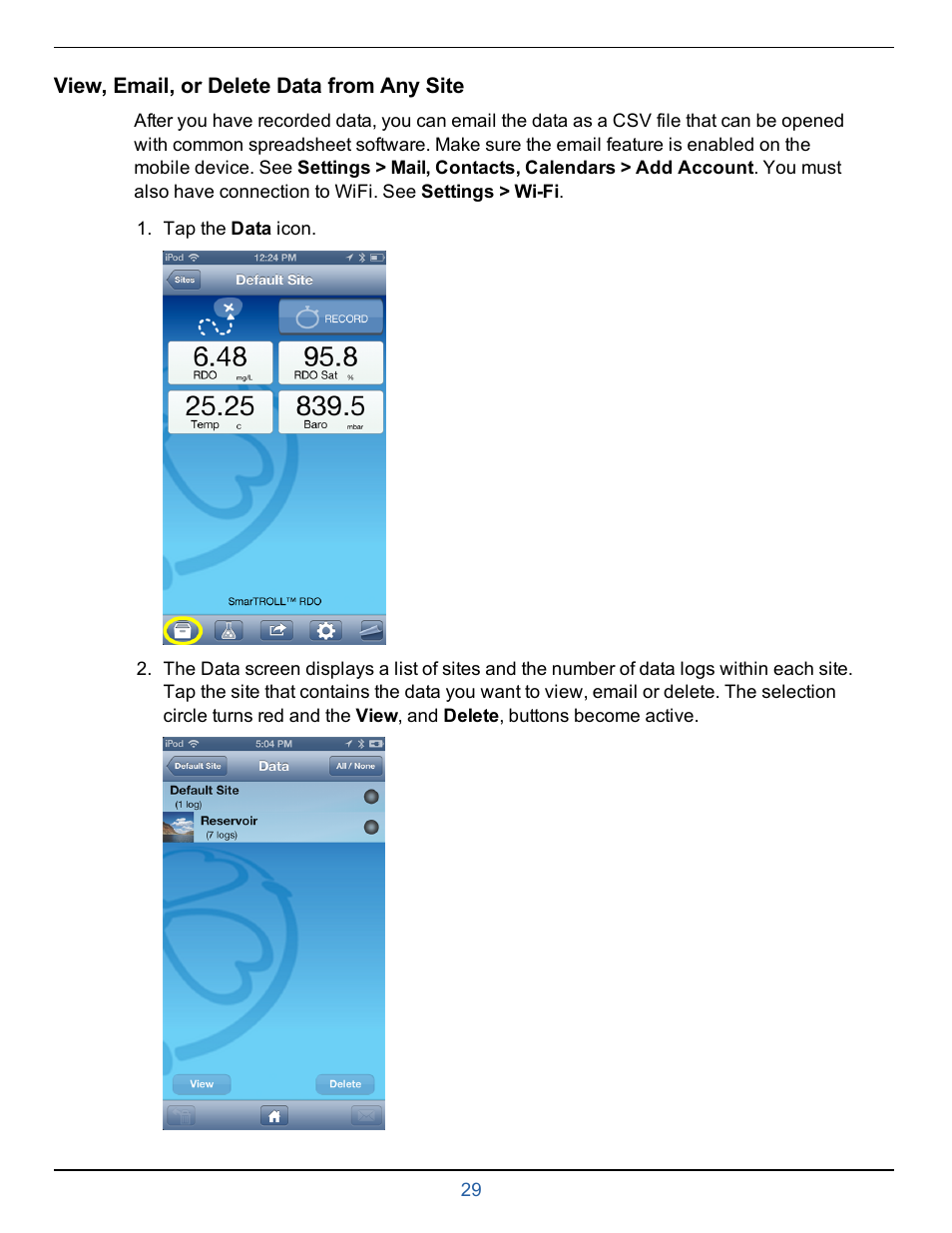 View, email, or delete data from any site | In-Situ smarTROLL RDO Handheld Operators Manual User Manual | Page 29 / 38