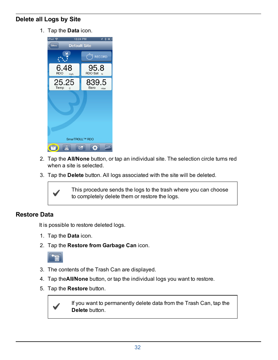 Delete all logs by site, Restore data | In-Situ smarTROLL RDO Handheld Operators Manual User Manual | Page 32 / 38