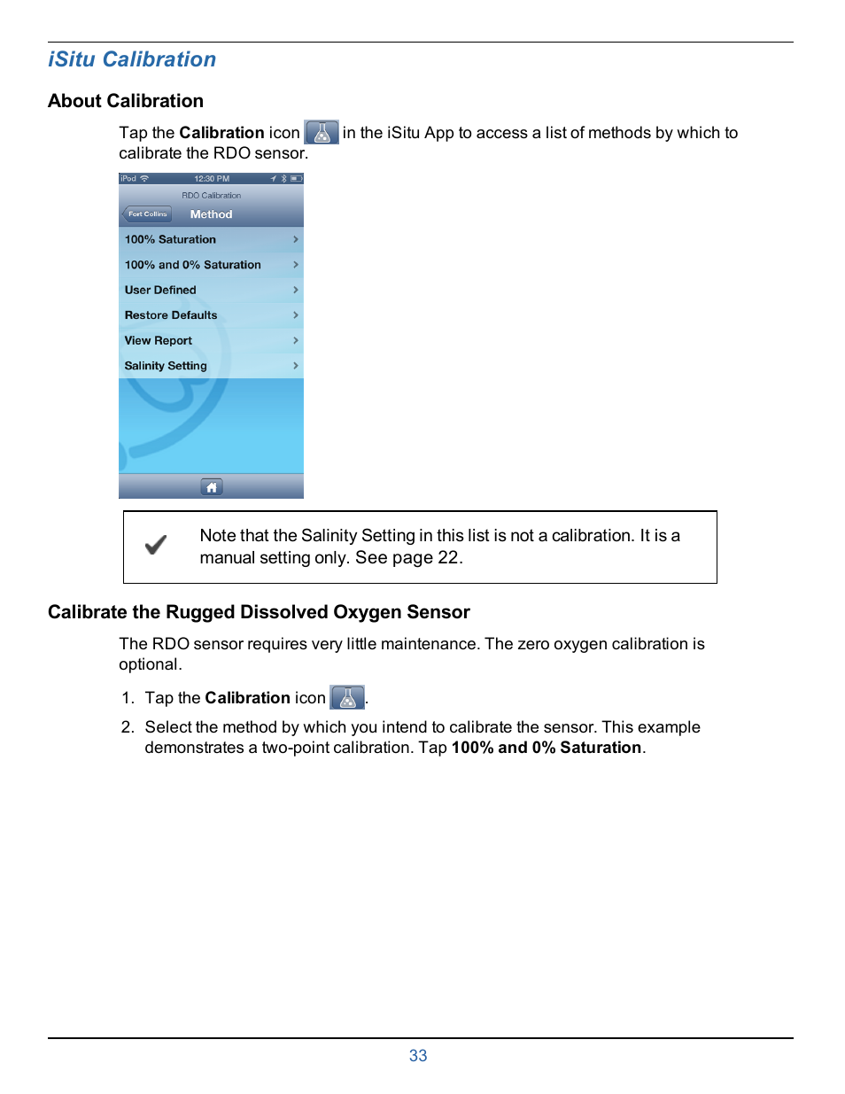 12 isitu calibration, About calibration, Calibrate the rugged dissolved oxygen sensor | Isitu calibration | In-Situ smarTROLL RDO Handheld Operators Manual User Manual | Page 33 / 38