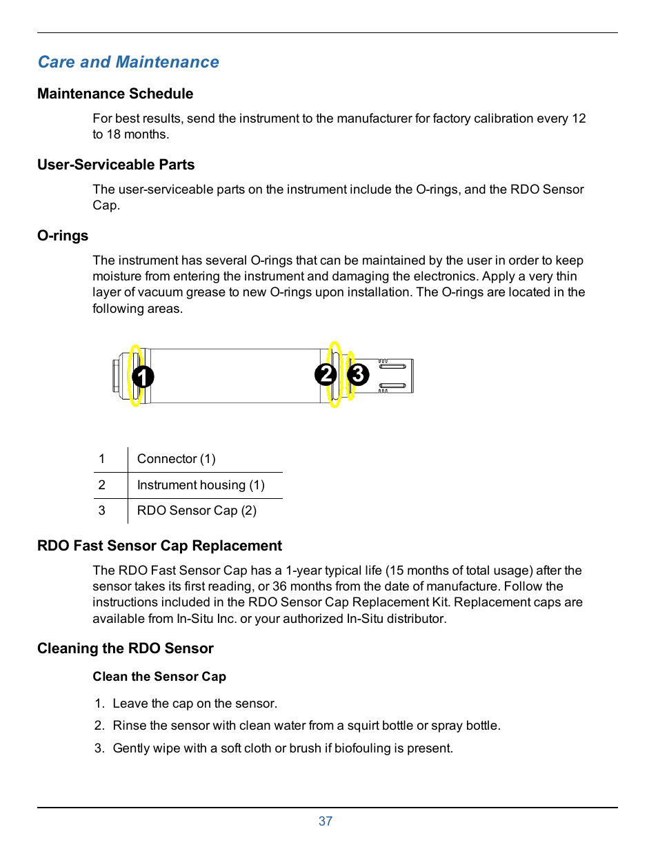 13 care and maintenance, Maintenance schedule, User-serviceable parts | O-rings, Rdo fast sensor cap replacement, Cleaning the rdo sensor, Clean the sensor cap, Care and maintenance | In-Situ smarTROLL RDO Handheld Operators Manual User Manual | Page 37 / 38