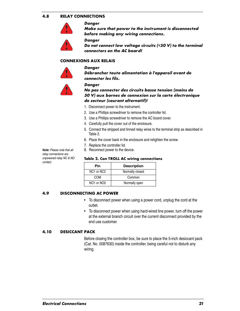 Heading1 - 4.8 relay connections, Heading1 - 4.9 disconnecting ac power, Heading1 - 4.10 desiccant pack | 8 relay connections, 9 disconnecting ac power, 10 desiccant pack | In-Situ Con TROLL PRO Installation Manual (purchased before 10 May 2012) User Manual | Page 21 / 32