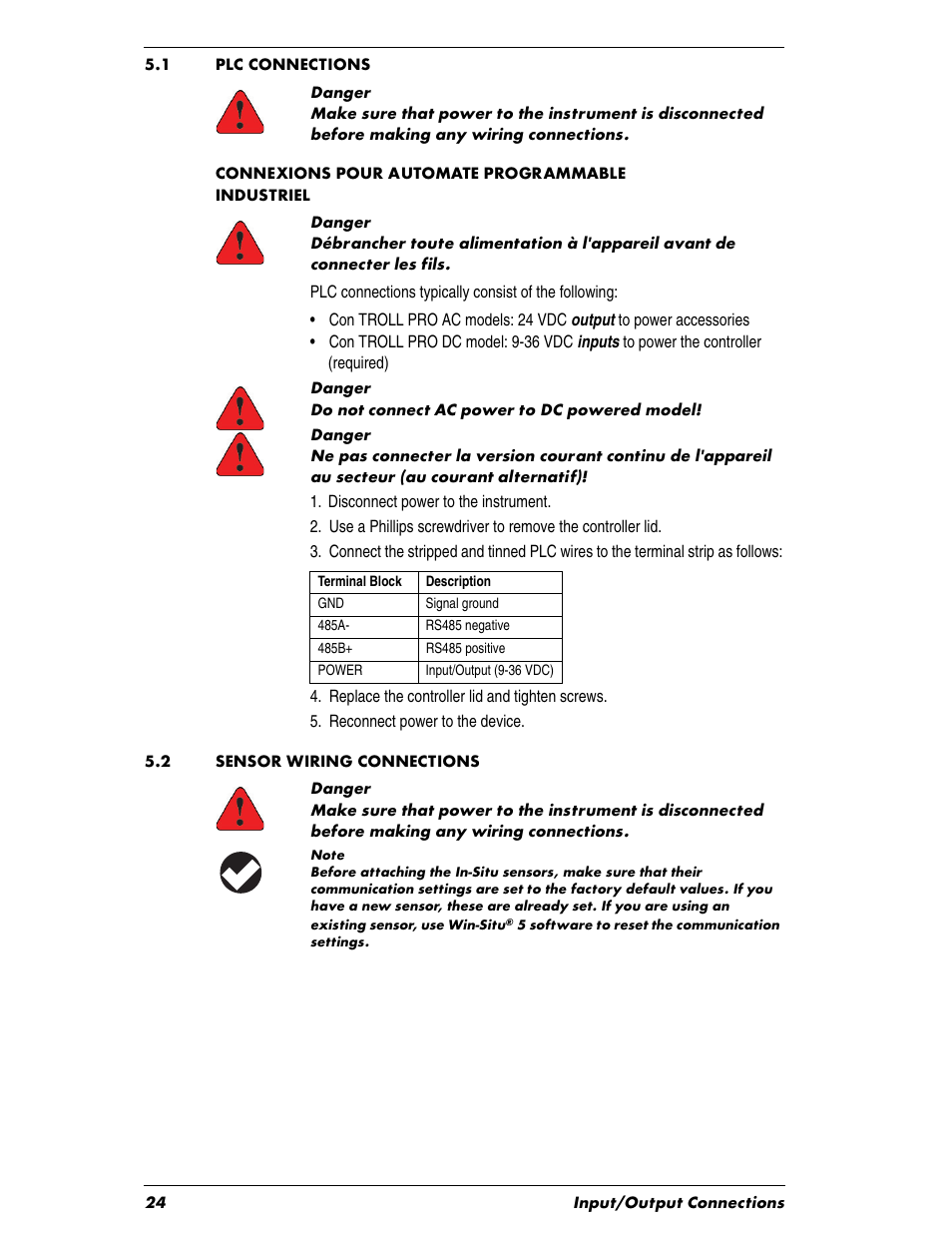Heading1 - 5.1 plc connections, Heading1 - 5.2 sensor wiring connections, 1 plc connections | 2 sensor wiring connections | In-Situ Con TROLL PRO Installation Manual (purchased before 10 May 2012) User Manual | Page 24 / 32