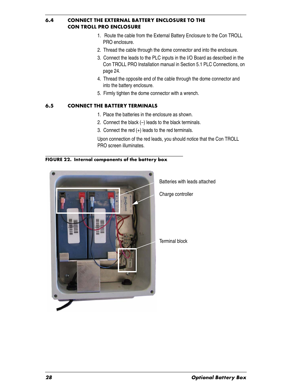 Heading1 - 6.5 connect the battery terminals, Enclosure, 5 connect the battery terminals | In-Situ Con TROLL PRO Installation Manual (purchased before 10 May 2012) User Manual | Page 28 / 32