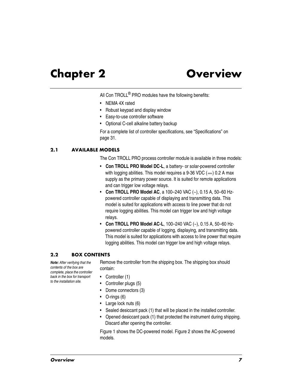 Heading1 - 2.1 available models, Heading1 - 2.2 box contents, Chapter 2 | 1 available models, 2 box contents, Chapter 2 overview | In-Situ Con TROLL PRO Installation Manual (purchased before 10 May 2012) User Manual | Page 7 / 32