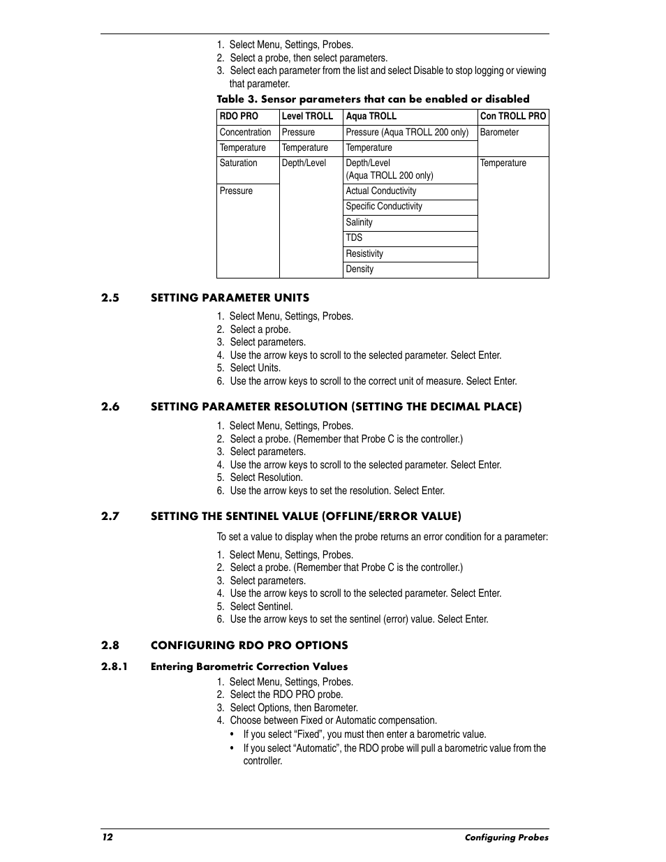 Heading1 - 2.5 setting parameter units, Heading1 - 2.8 configuring rdo pro options, 5 setting parameter units | 7 setting the sentinel value (offline/error value), 8 configuring rdo pro options, 1 entering barometric correction values | In-Situ Con TROLL PRO Operators Manual (purchased before 10 May 2012) User Manual | Page 12 / 40