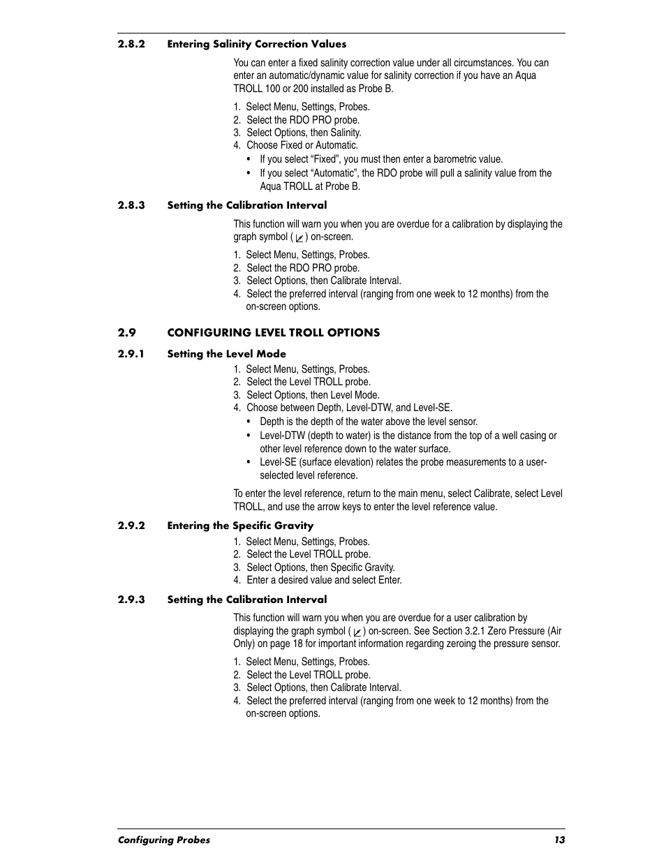 Heading2 - 2.8.3 setting the calibration interval, Heading1 - 2.9 configuring level troll options, Heading2 - 2.9.1 setting the level mode | Heading2 - 2.9.2 entering the specific gravity, Heading2 - 2.9.3 setting the calibration interval, 9 configuring level troll options | In-Situ Con TROLL PRO Operators Manual (purchased before 10 May 2012) User Manual | Page 13 / 40