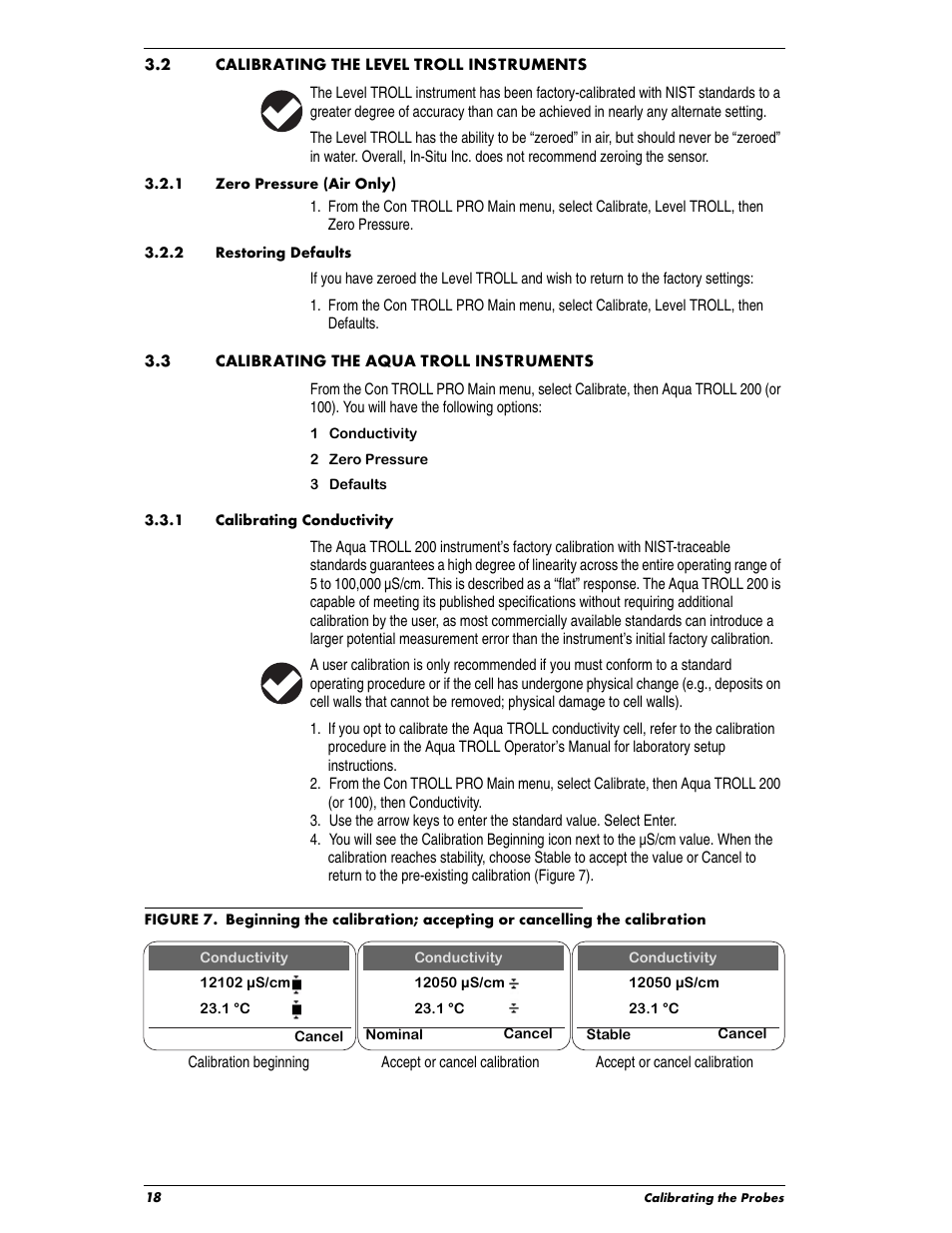 Heading2 - 3.2.1 zero pressure (air only), Heading2 - 3.2.2 restoring defaults, Heading2 - 3.3.1 calibrating conductivity | 2 calibrating the level troll instruments, 3 calibrating the aqua troll instruments, 1 calibrating conductivity | In-Situ Con TROLL PRO Operators Manual (purchased before 10 May 2012) User Manual | Page 18 / 40