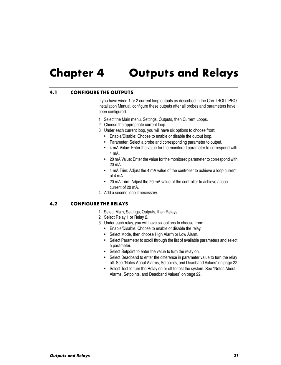 Chaptertitle - chapter 4 outputs and relays, Heading1 - 4.1 configure the outputs, Heading1 - 4.2 configure the relays | Chapter 4, 1 configure the outputs, 2 configure the relays, Chapter 4 outputs and relays | In-Situ Con TROLL PRO Operators Manual (purchased before 10 May 2012) User Manual | Page 21 / 40