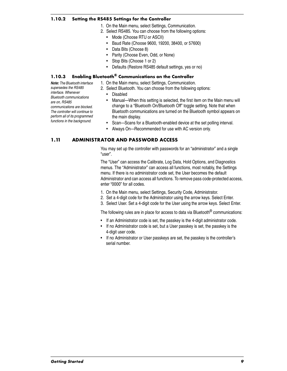 Heading1 - 1.11 administrator and password access, 2 setting the rs485 settings for the controller, 3 enabling bluetooth | 11 administrator and password access | In-Situ Con TROLL PRO Operators Manual (purchased before 10 May 2012) User Manual | Page 9 / 40